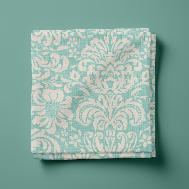 Tissu Lin rustique Beige et Aqua Floral Damask (Créateur téléchargé)