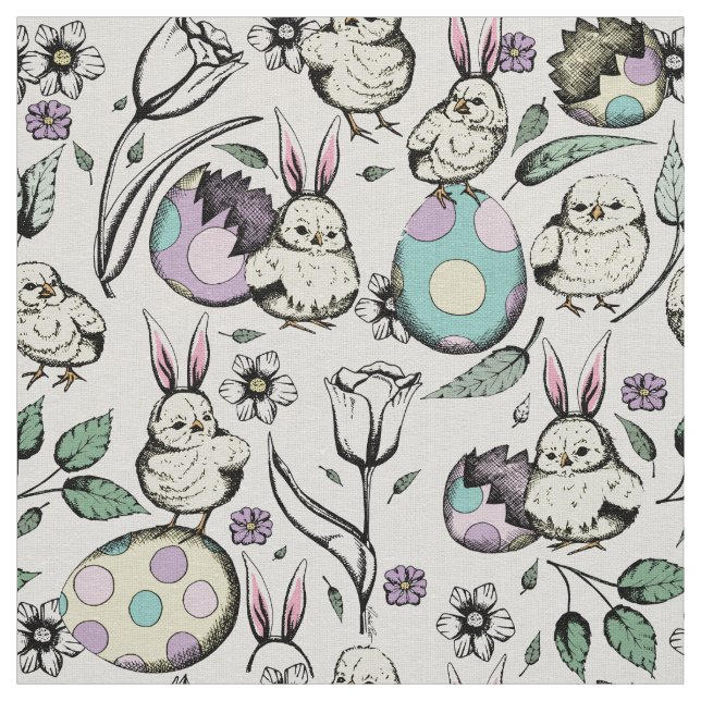 Tissu Linge Bébé Poussins, Oreilles de lapin, Fleurs et  (Échantillon)
