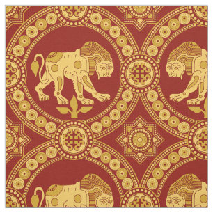 Tissu Lion de St Julian, or sur rouge foncé