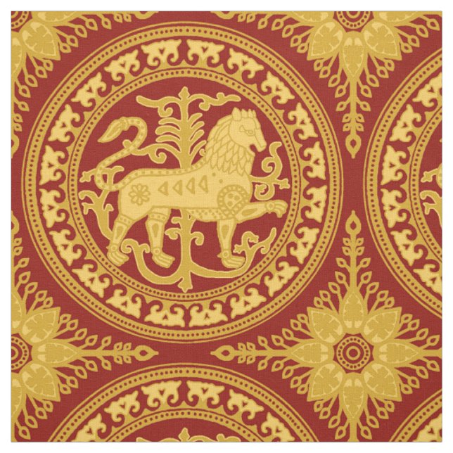 Tissu Lion Esztergom, jaune sur rouge foncé (Échantillon)