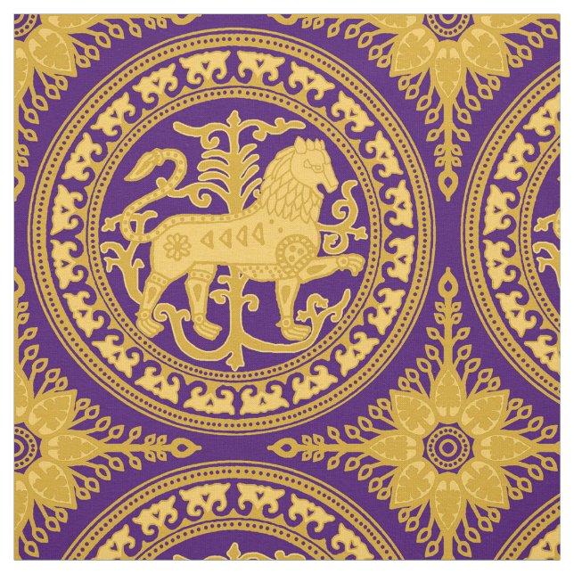 Tissu Lion Esztergom, jaune sur violet profond (Échantillon)