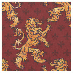 Tissu Lion médiéval Red Fleur de Lis d'or