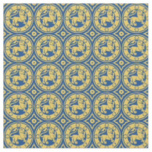 Tissu Lions médiévaux, Jaune sur bleu