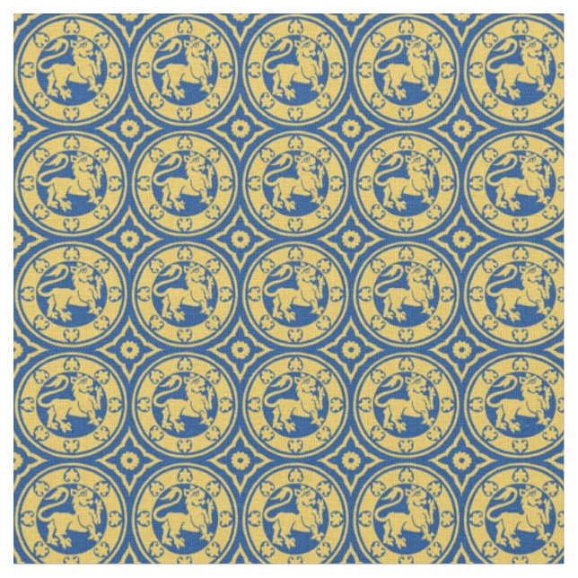Tissu Lions médiévaux, Jaune sur bleu (Fermer)