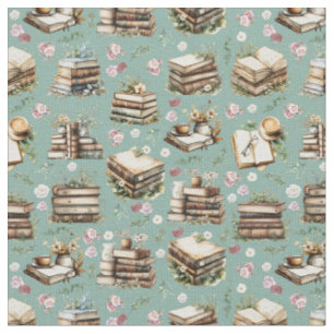 Tissu Livres Anciens & Fleurs sur Fond Vert Viridian Cla