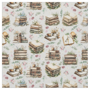 Tissu Livres Anciens & Fleurs sur Gris Clair
