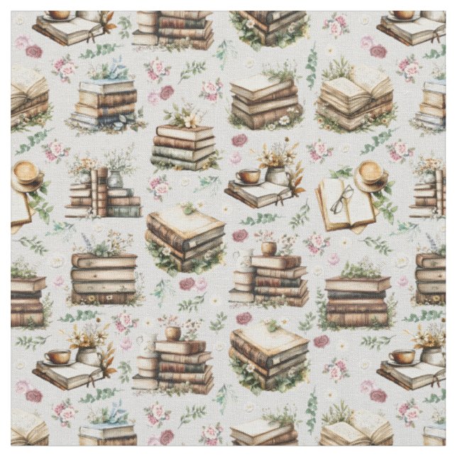 Tissu Livres Anciens & Fleurs sur Gris Clair (Fermer)