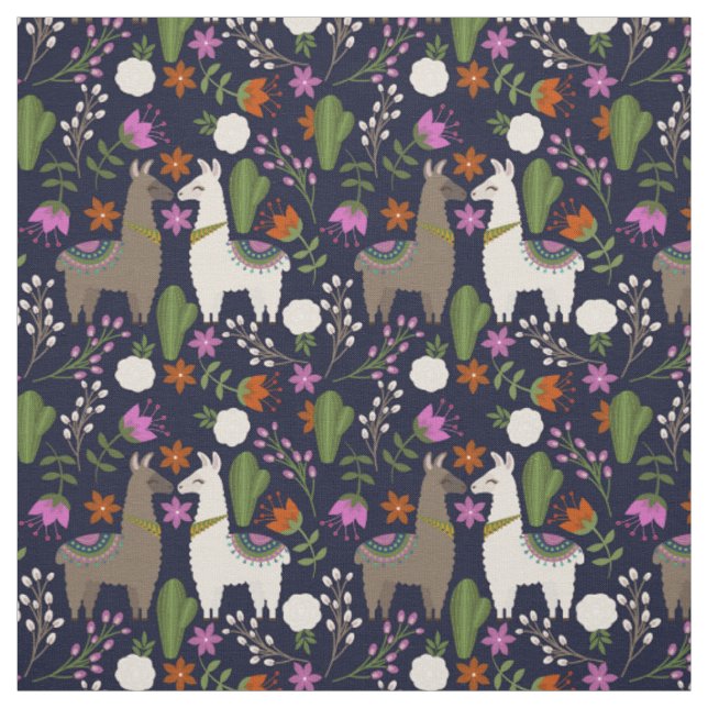 Tissu Llamas, fleurs et cactus sur la marine (Échantillon)