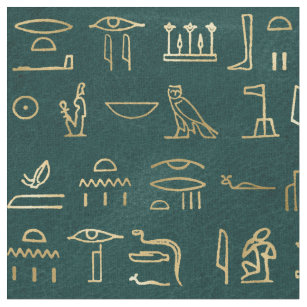 Tissu L'or métallique Hiéroglyphes égyptiens sur le vert