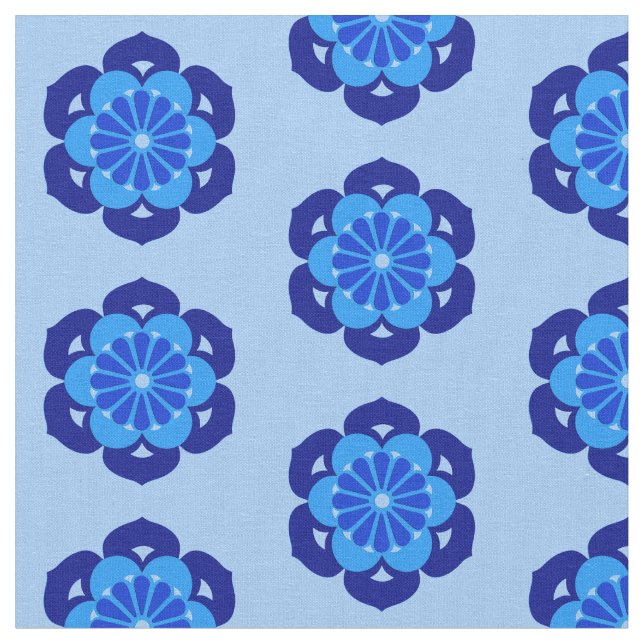 Tissu Lotus Flower Print, Indigo et bleu clair  (Fermer)