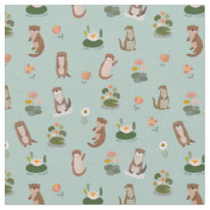 Tissu Loutres et nénuphars sur fond vert pistache