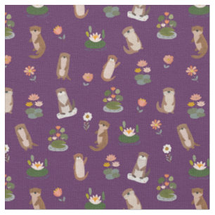 Tissu Loutres et nénuphars sur fond violet foncé