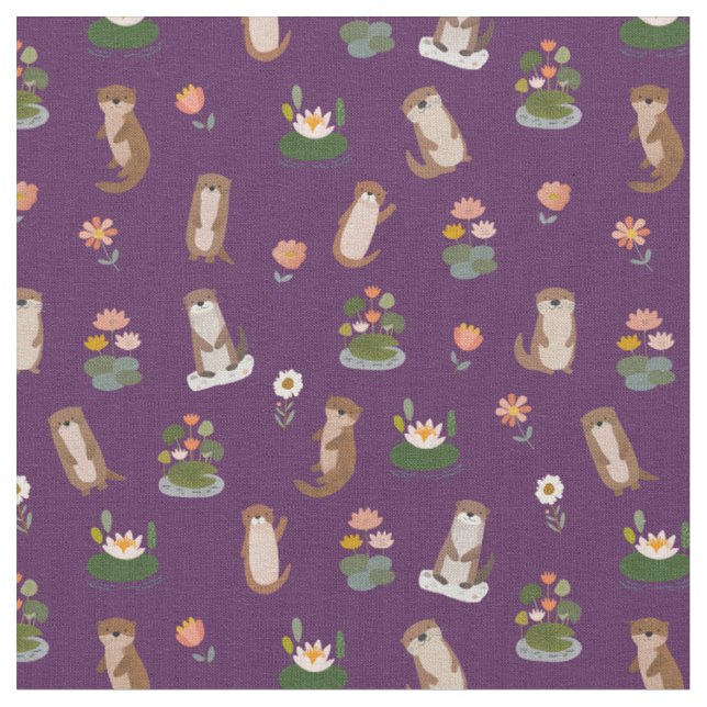 Tissu Loutres et nénuphars sur fond violet foncé (Fermer)
