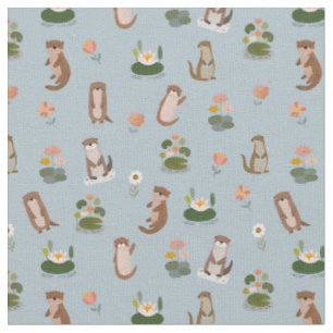 Tissu Loutres et nénuphars sur gris-bleu pâle