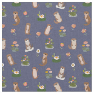 Tissu Loutres & nénuphars sur fond bleu foncé