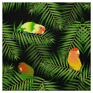 Tissu Lovebird Parrot Green Palm Leaf Bird Motif Noir