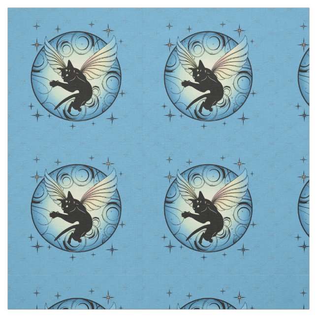 Tissu Lune de chat cosmique et étoiles (Échantillon)