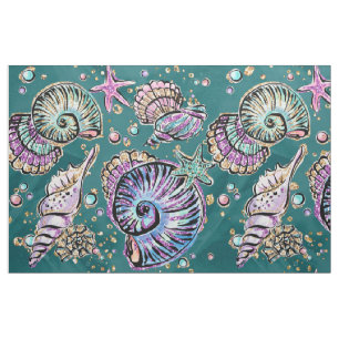 Tissu Luxe Turquoise sous-marin Coquillages d'or Green