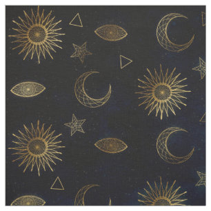 Tissu Magic Gold Moon Sun Stars Dark Blue motif