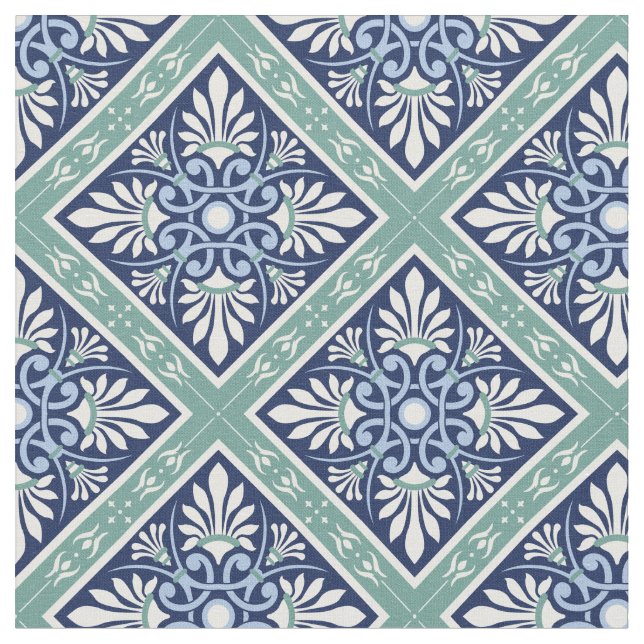 Tissu Magnifique Abstrait marocain - Bleu, Blanc, Vert (Fermer)