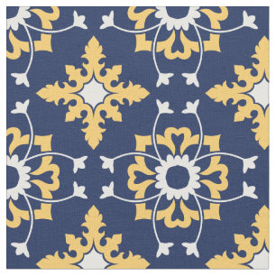 Tissu Magnifique Abstrait marocain en bleu, jaune et whi
