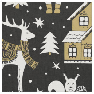 Tissu Maison des ours Blanche-Or Fairaisle Motif noir