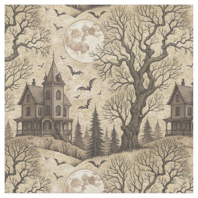 Tissu Maison Hantée de Style Rétro & Pleine Lune (Fermer)