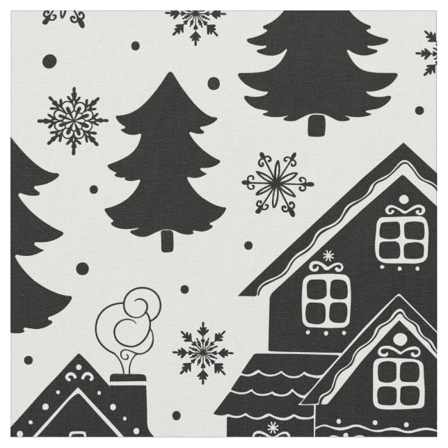 Tissu Maisons blanches noires de Noël Pine Trees (Fermer)