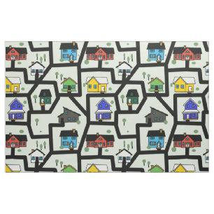 Tissu maisons et motif de routes