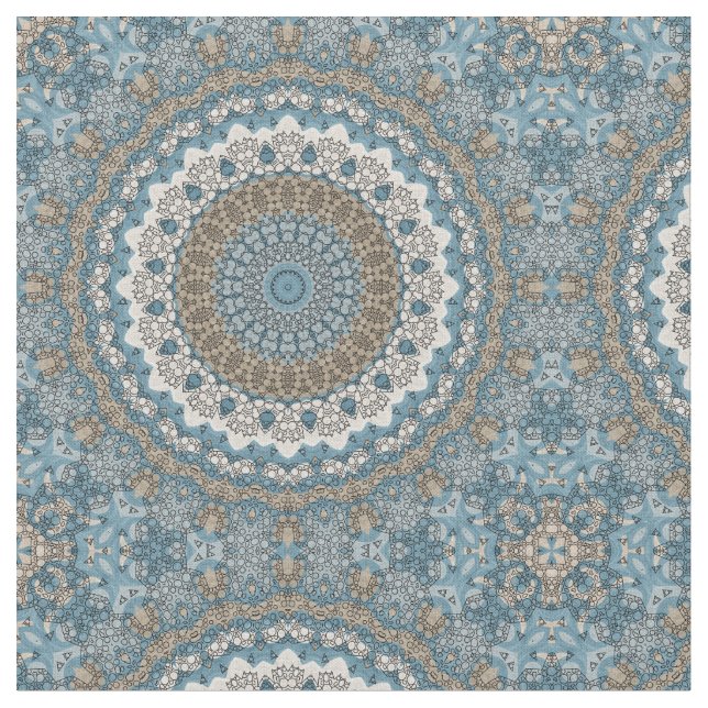 Tissu Mandala bleu et marron Motif géométrique complexe (Fermer)