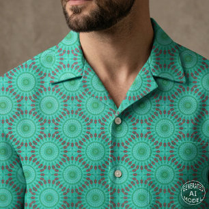Tissu Mandala géométrique kaléidoscope vert cyan et roug