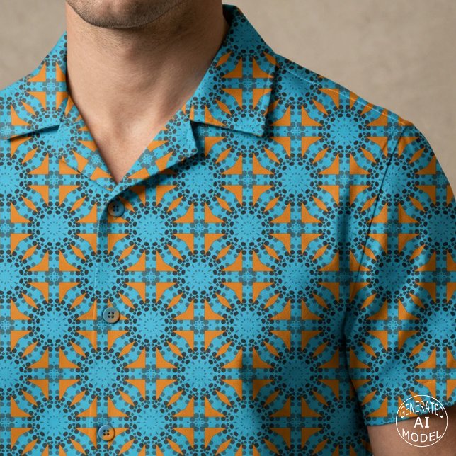 Tissu Mandala Géométrique Rétro Turquoise Orange à Point (Créateur téléchargé)