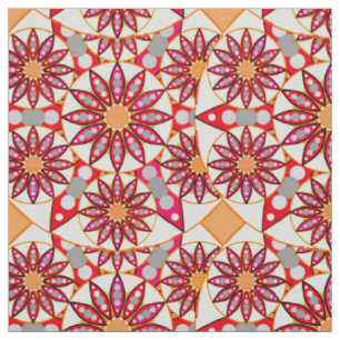 Tissu Mandala motif, corail, pêche, blanc et gris