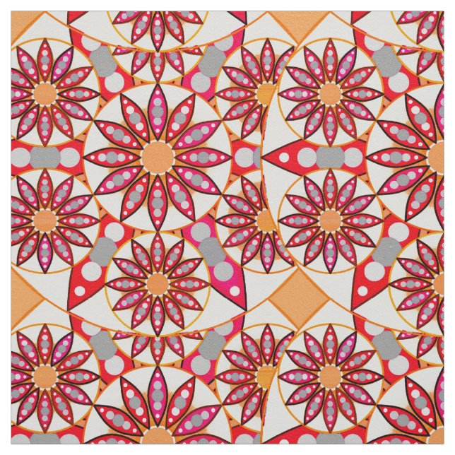 Tissu Mandala motif, corail, pêche, blanc et gris (Échantillon)