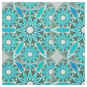 Tissu Mandala motif, turquoise, gris argenté et blanc