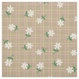 Tissu Marguerites sur Carreaux Marrons (échelle moyenne)