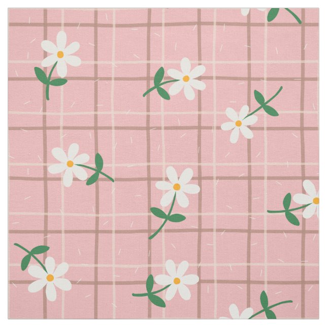 Tissu Marguerites sur Carreaux Roses (grande échelle) (Échantillon)