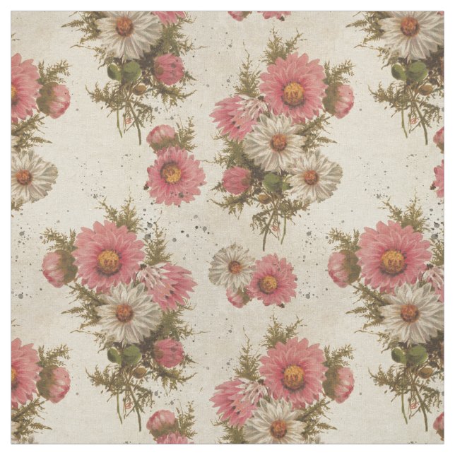 Tissu Marguerites vintages roses et blanches (Échantillon)