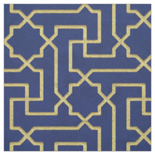 Tissu Marine Blue & Faux Gold Motif de mosaïque marocain