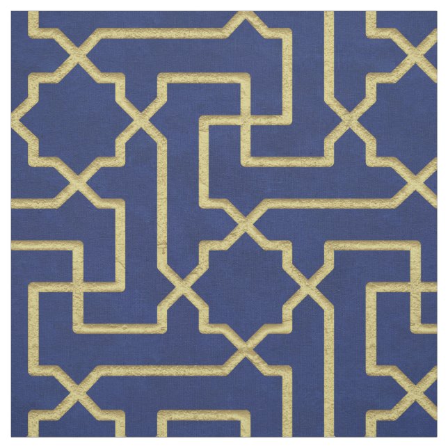 Tissu Marine Blue & Faux Gold Motif de mosaïque marocain (Échantillon)