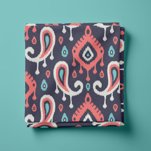 Tissu Marine Turquoise et Coral Ikat Paisley