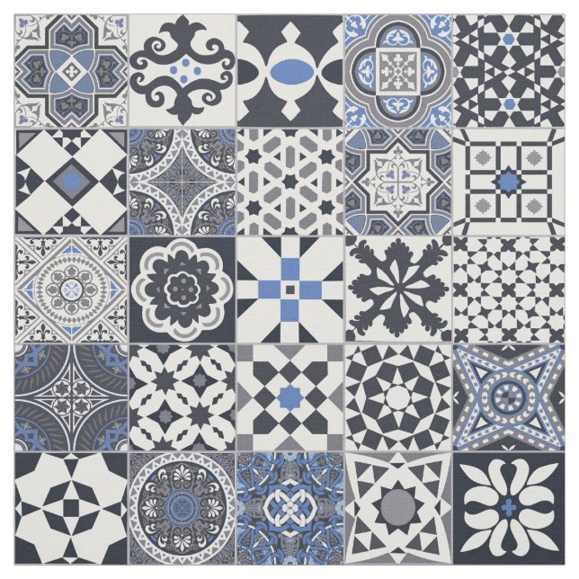 Tissu Marocain carrelage noir, bleu, gris (Échantillon)