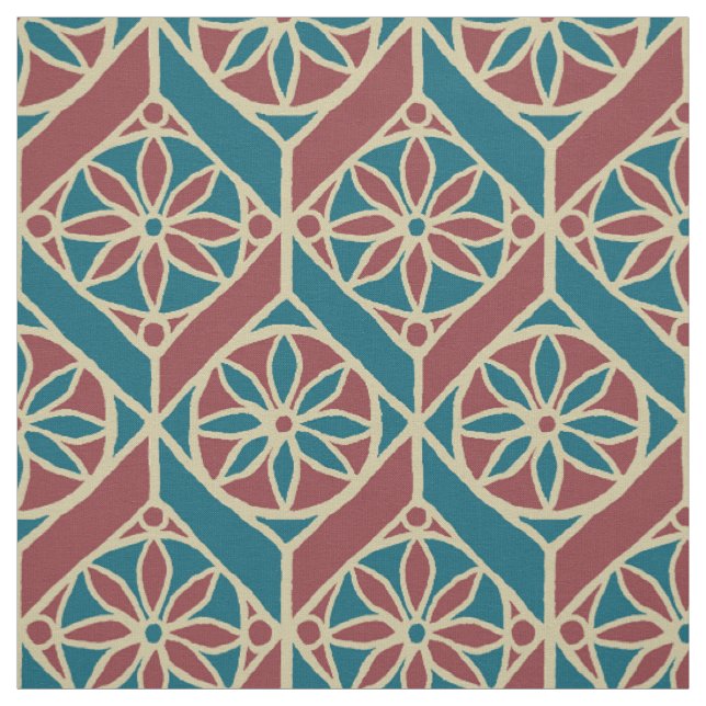 Tissu Marron, sarcelle motif ethnique, fleurs, chevrons (Échantillon)