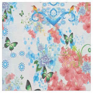 Tissu Mélanger abstrait bleu avec fleurs de couleur saum