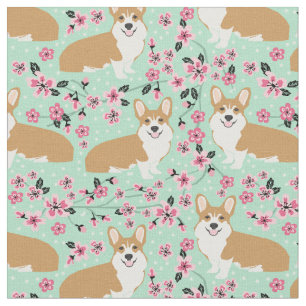 Tissu menthe en fleurs de cerisier de corgi
