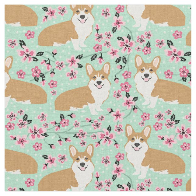 Tissu menthe en fleurs de cerisier de corgi (Fermer)
