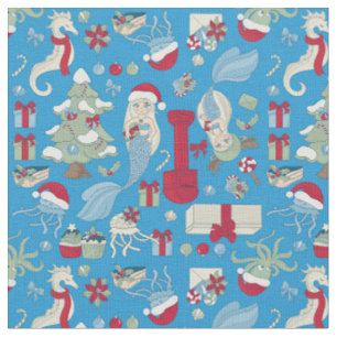 Tissu mer noël sirène hippocampe père Noël méduse