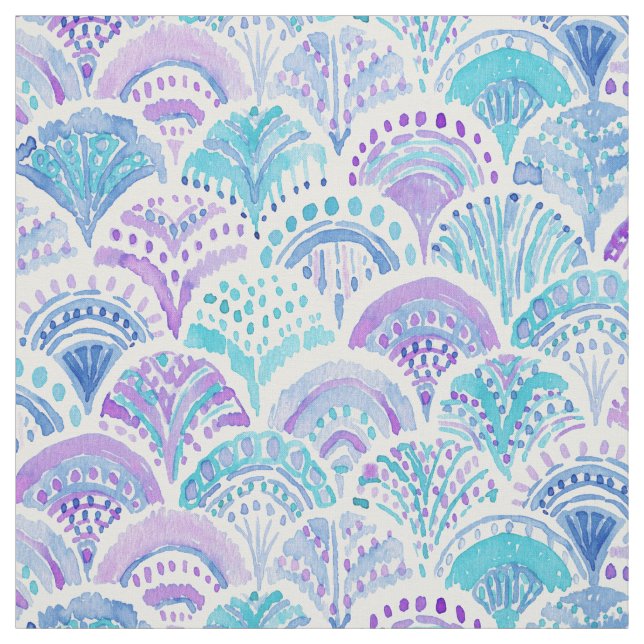 Tissu MERMAID DAYDREAMS Aquarelle Boho Beach Fish Scale (Échantillon)