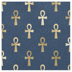 Tissu Métallurgique égyptien Ankh sur bleu marine