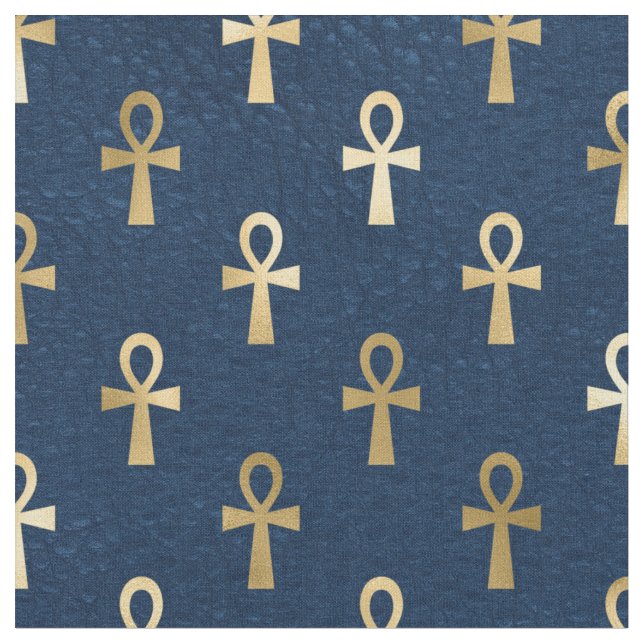 Tissu Métallurgique égyptien Ankh sur bleu marine (Fermer)
